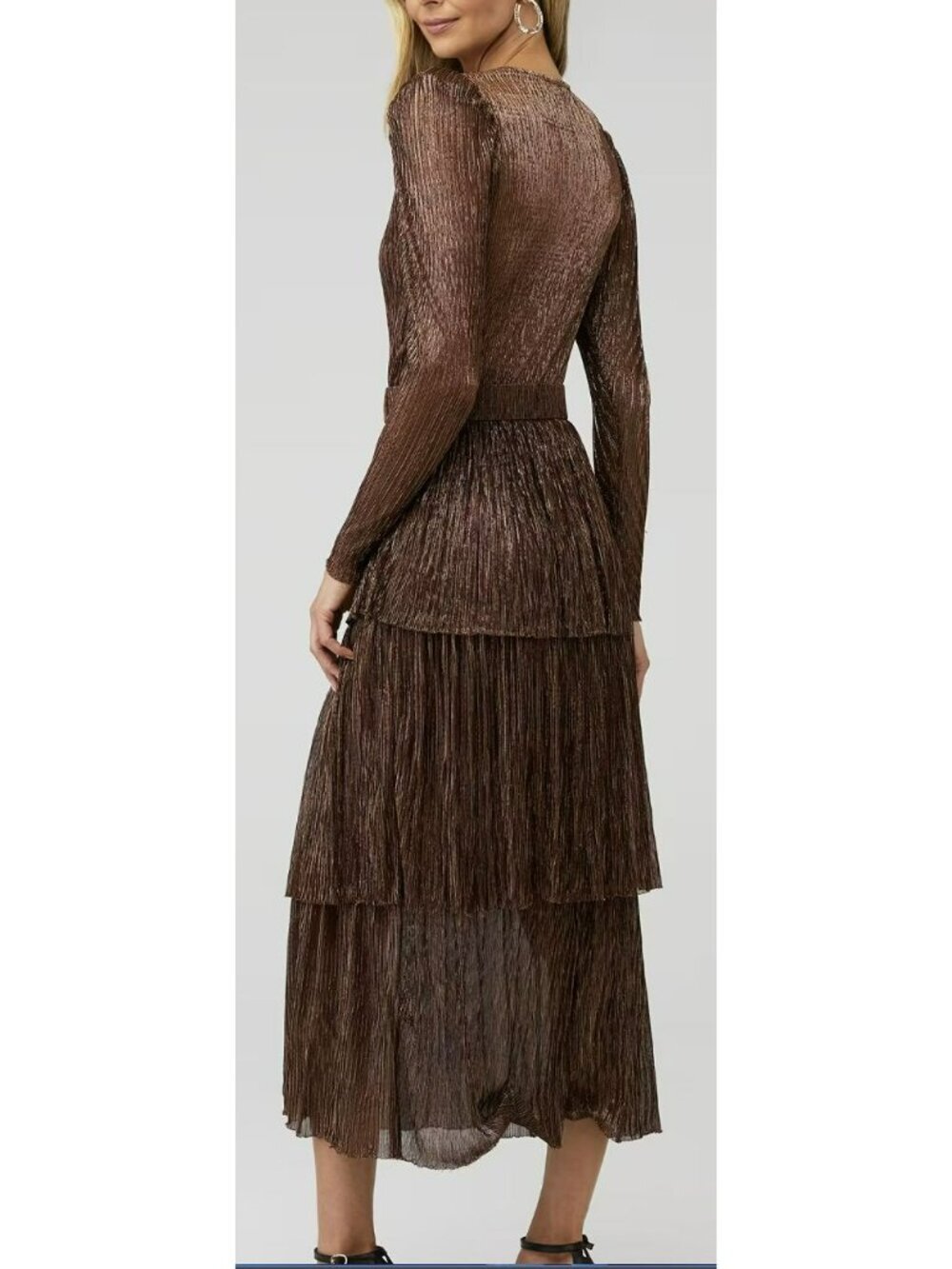 Sabina Musayev Carry Pleated Puff Sleeve Bronze Metallic Midi Tiered Dress - Picture 3 of 8